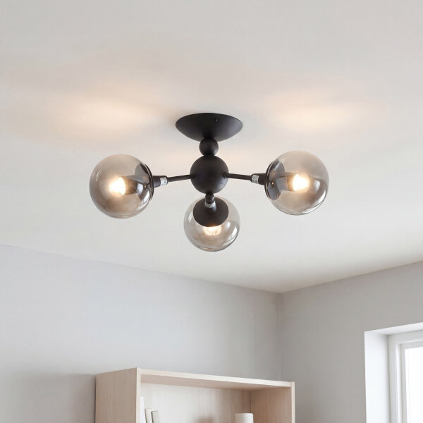 Deckenlampe Kugelschirm B: 48 cm Schwarz Rauchglas Metall