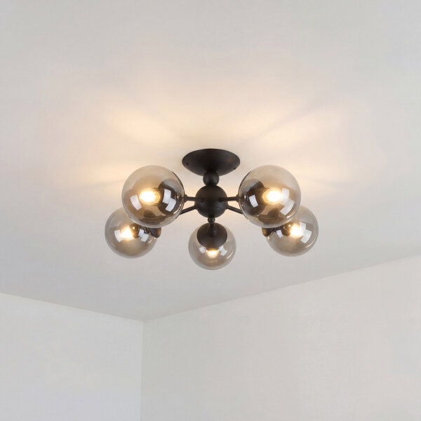 Deckenlampe Rauchglas Metall B: 60 cm Schwarz 5x E27