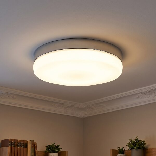 Deckenlampe rund D: 32 cm Glas Metall blendarm Chrom Weiß