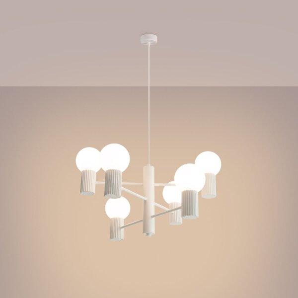 Kronleuchter Aluminium Glas Weiß G9 B:64 cm 6-flammig