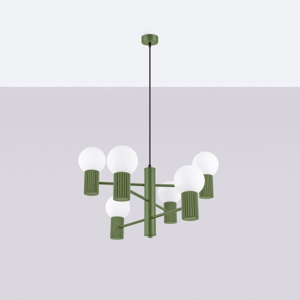 Kronleuchter Olivgrün Aluminium Glas Kugeln G9 L:64 cm
