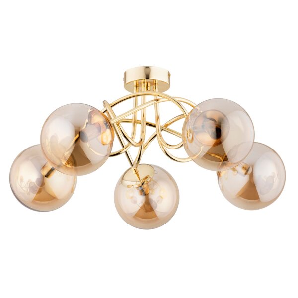 Deckenleuchte Kugel 51 cm 5x E14 Gold Retro Metall Rauchglas