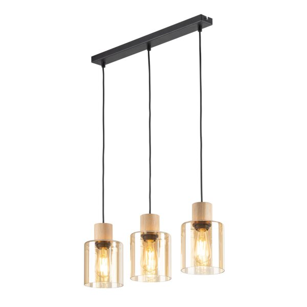 Pendelleuchte Schwarz Holz Glas in Bernstein 57 cm E27