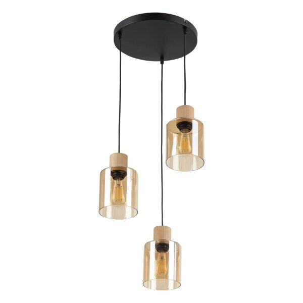 Pendelleuchte Schwarz Holz Glas in Bernstein 36 cm E27
