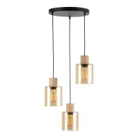 Pendelleuchte Schwarz Holz Glas in Bernstein 36 cm E27