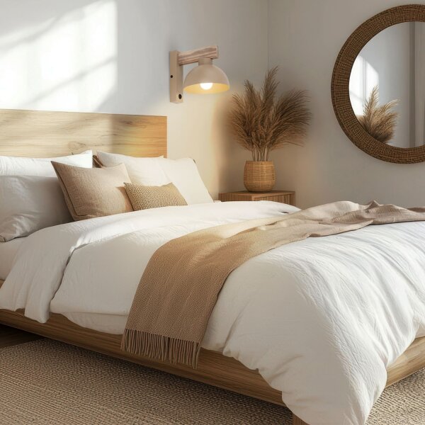 Wandleuchte mit Schalter Holz Metall Beige E27 B:18 cm