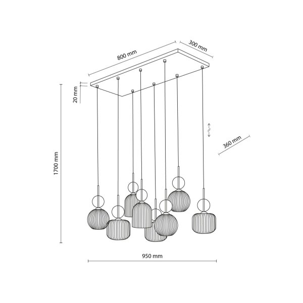 Pendelleuchte Schwarz 8-flmg L:95 cm E14 Glas in Cognac