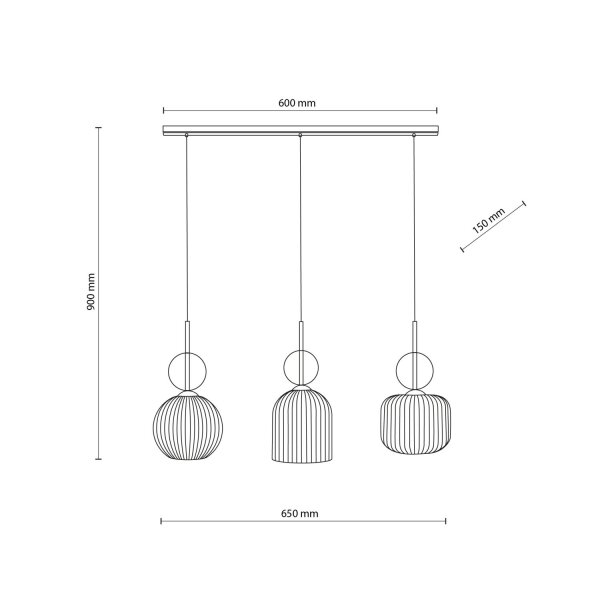 Hängelampe Schwarz Weiß Gold 3-flammig L:65 cm E14 Glas