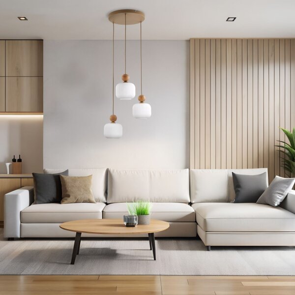 Pendelleuchte Metall Holz Glas Sandfarben B:35 cm E14