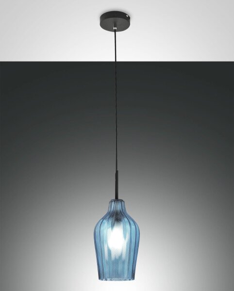 Hängelampe Azurblau E27 Glas rund Ø18 cm Schwarz