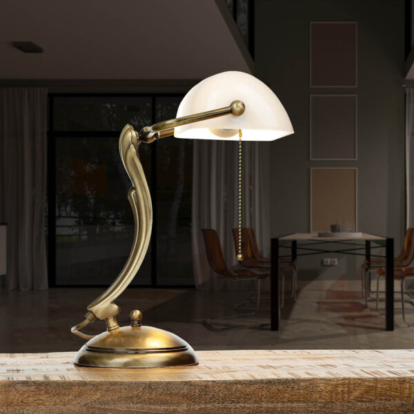 Lampe de banquier bronze en laiton avec abat-jour blanc