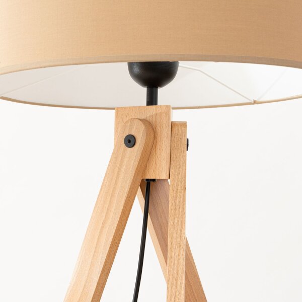 Dreibein Stehlampe Holz Stoff Beige E27 H:140 cm