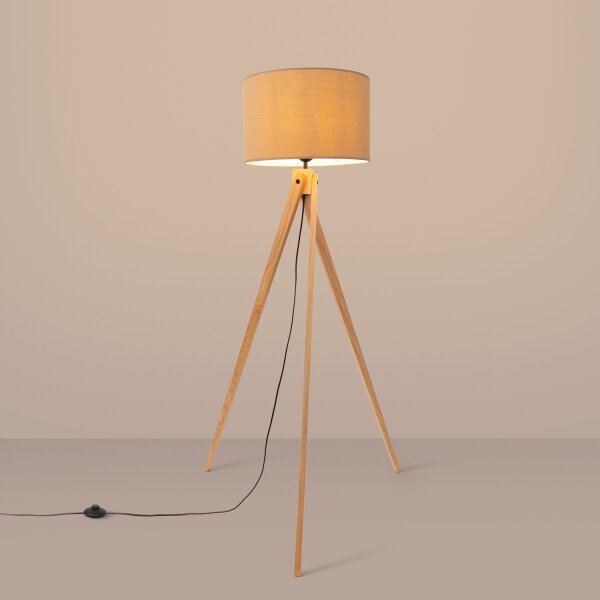 Dreibein Stehlampe Holz Stoff Beige E27 H:140 cm