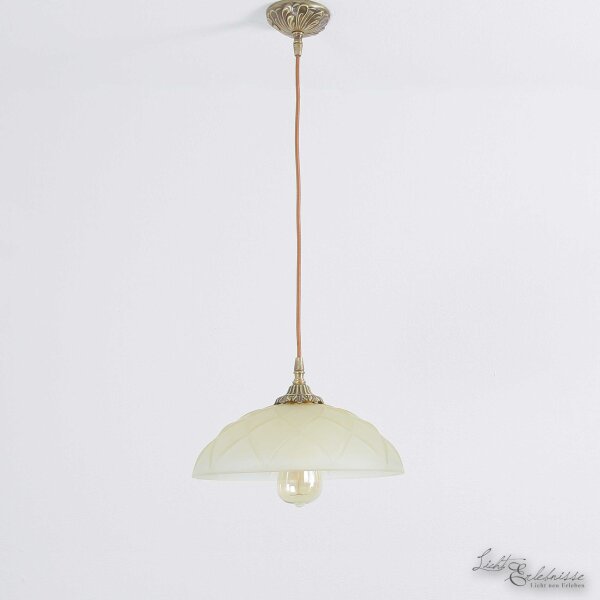 Lampe à suspendre en laiton véritable avec ornement & abat-jour en verre