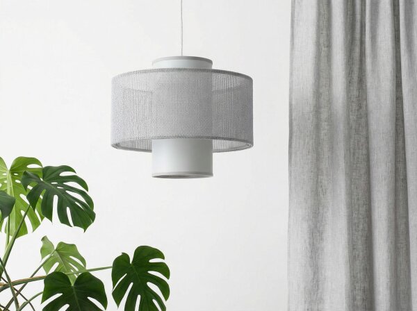 Runde Hängelampe Stoff Grau Weiß E27 Ø35 cm gemütlich