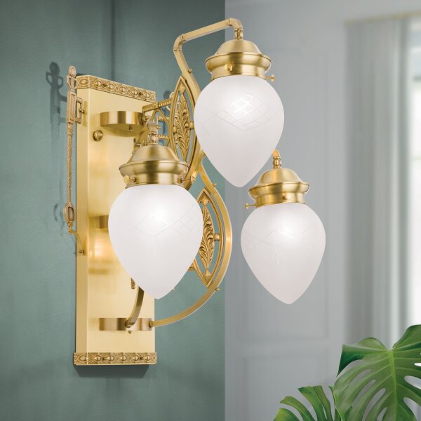 Wandleuchte Glas Echt-Messing E27 H: 56 cm 3-flammig