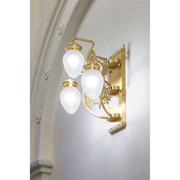 Wandleuchte Glas Echt-Messing E27 H: 56 cm 3-flammig