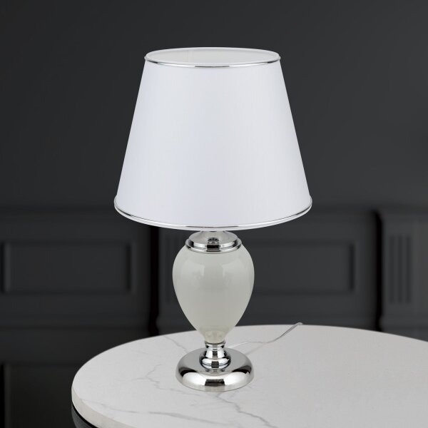 Tischleuchte Keramik Stoff E27 48 cm Weiß Chrom HELENA