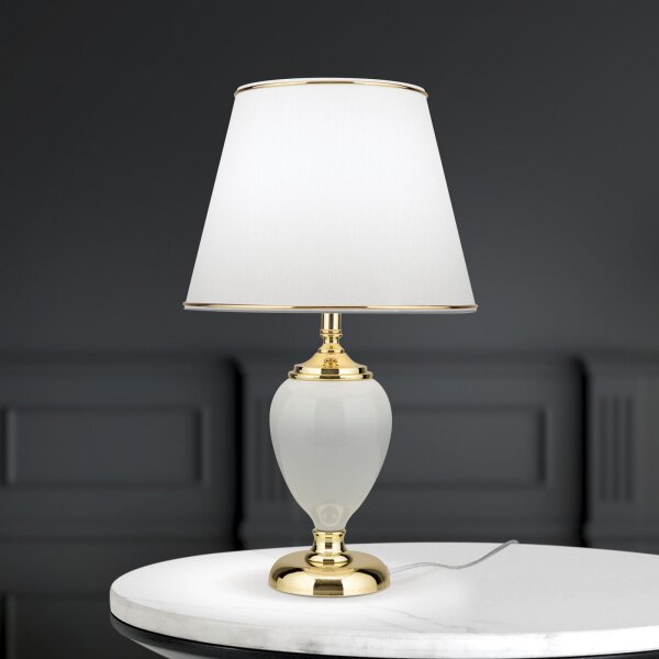 Tischlampe Keramik Stoff E27 48 cm in Weiß Gold HELENA