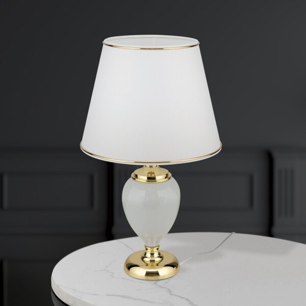 Tischlampe Keramik Stoff E27 48 cm in Weiß Gold HELENA