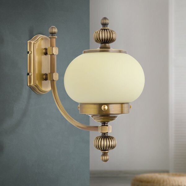 Wandleuchte Echt-Messing Glas E27 H: 32 cm Jugendstil