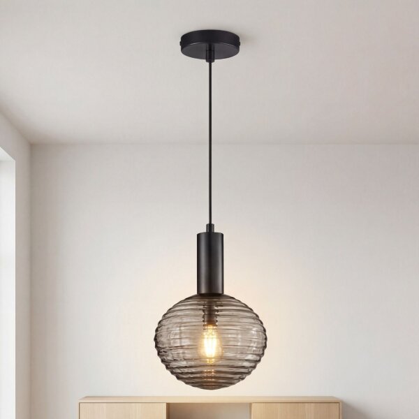 Pendelleuchte Rauchglas Metall Ø18 cm rund E27 Schwarz