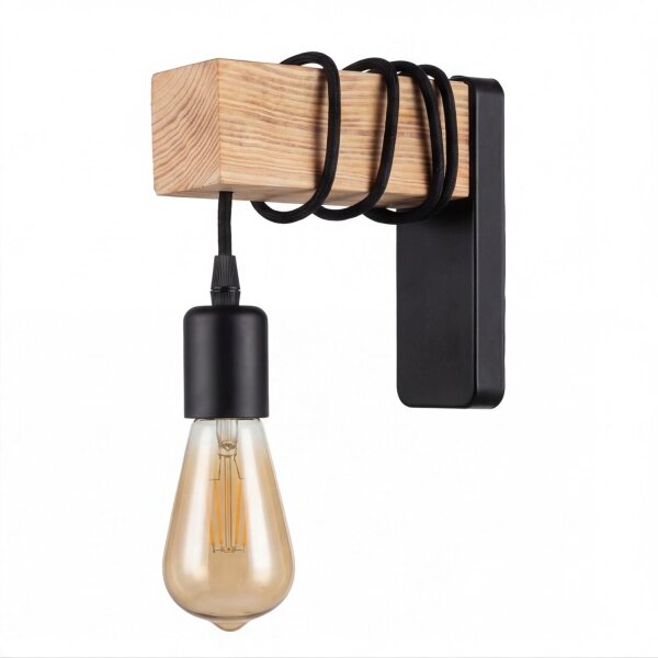 Wandlampe Metall E27 16 cm hoch geflammtes Holz Schwarz