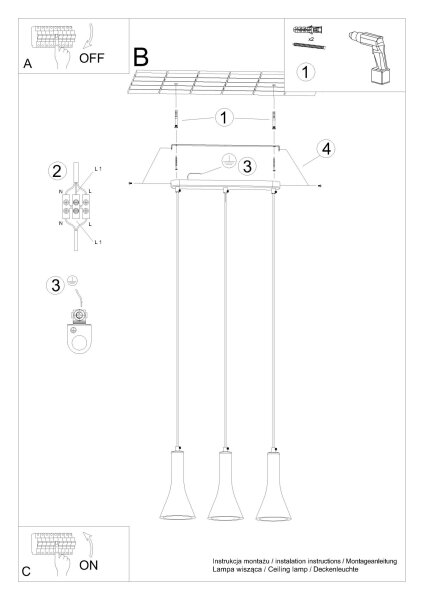 Pendelleuchte Beton Grau Schwarz E14 46 cm 3-flammig