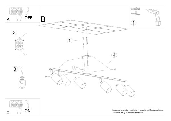 Deckenspot Stahl Weiß GU10 6-flammig 135 cm verstellbar