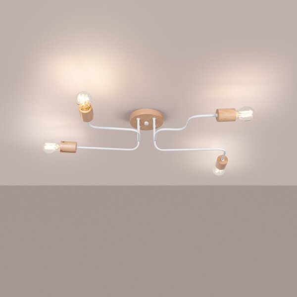 Deckenleuchte Stahl Holz Weiß E27 B:75 cm 4-flammig