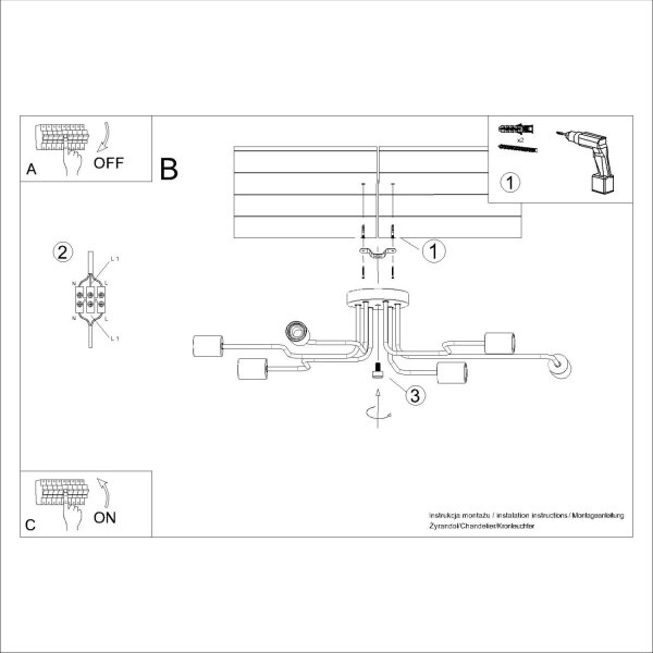 Deckenleuchte Stahl Holz Weiß E27 B:85 cm 6-flammig