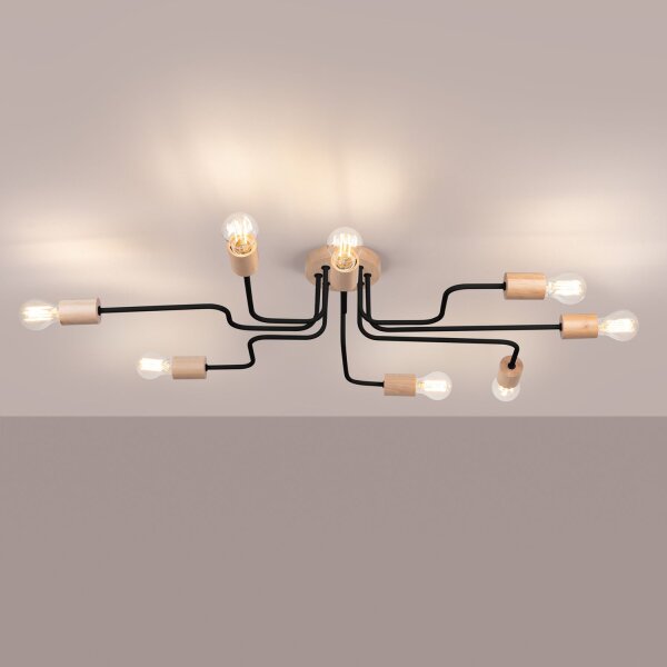 Deckenlampe Stahl Holz Schwarz E27 B:100 cm 8-flammig