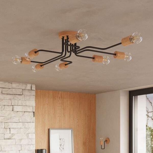 Deckenlampe Stahl Holz Schwarz E27 B:100 cm 8-flammig