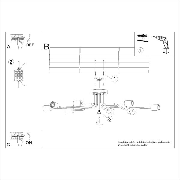 Deckenlampe Stahl Holz Schwarz E27 B:100 cm 8-flammig