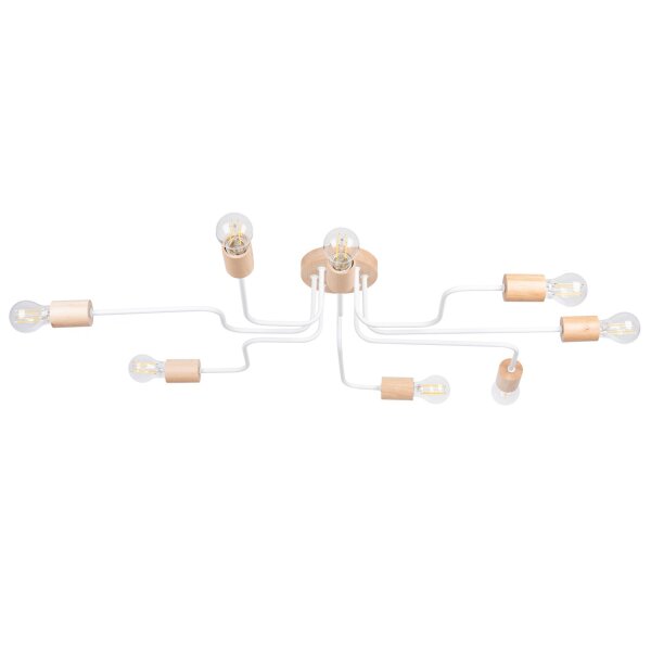 Deckenlampe Stahl Holz Weiß E27 B:100 cm 8-flammig