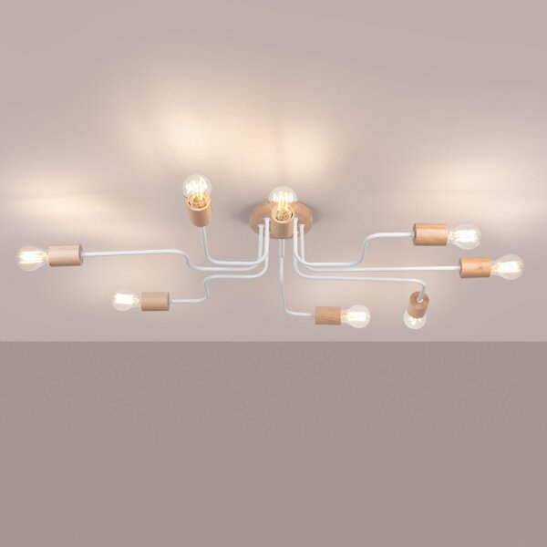 Deckenlampe Stahl Holz Weiß E27 B:100 cm 8-flammig