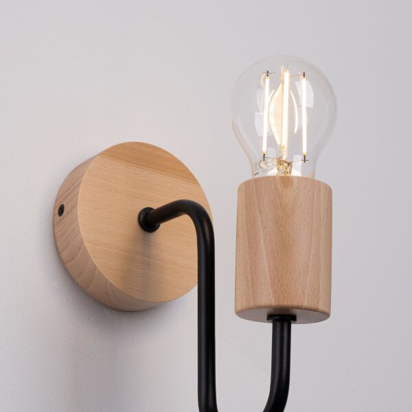 Wandleuchte mit Arm Stahl Holz Schwarz E27 H:18 cm