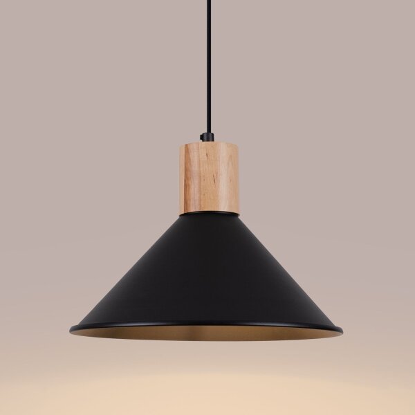 Hängelampe Holz Stahl Schwarz E27 rund Ø30 cm Esstisch