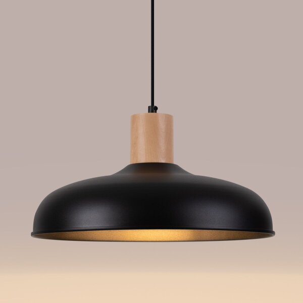 Stilvolle Hängelampe Holz Stahl Schwarz E27 rund Ø38 cm