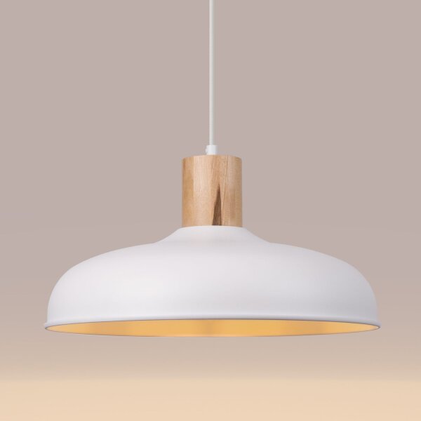 Stilvolle Hängelampe Holz Stahl Weiß E27 rund Ø38 cm