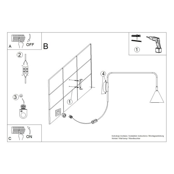 Wandlampe Weiß Stahl E14 Schalter Stecker Kabel H:30 cm