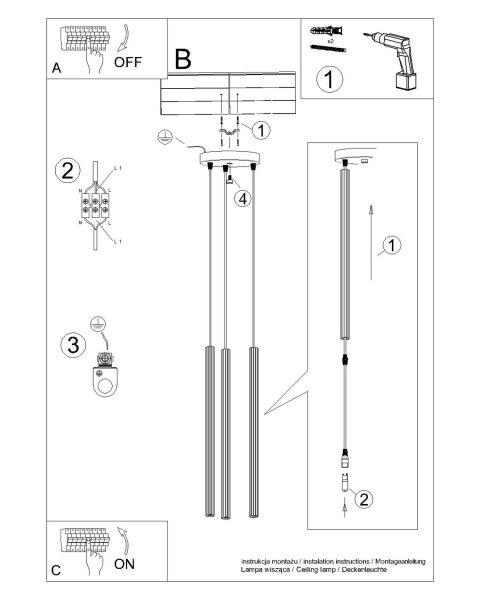 Runde Pendelleuchte Schwarz Stahl G9 L:20 cm 3-flammig