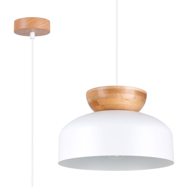Runde Pendelleuchte Weiß Holz Stahl E27 Ø30 cm wohnlich