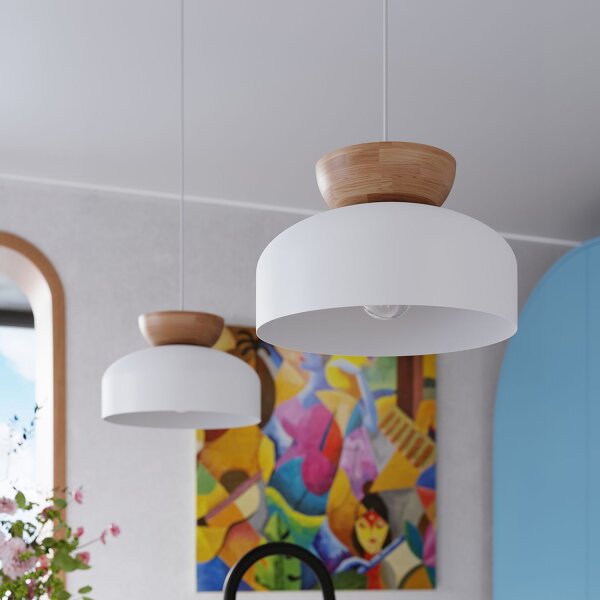 Runde Pendelleuchte Weiß Holz Stahl E27 Ø30 cm wohnlich