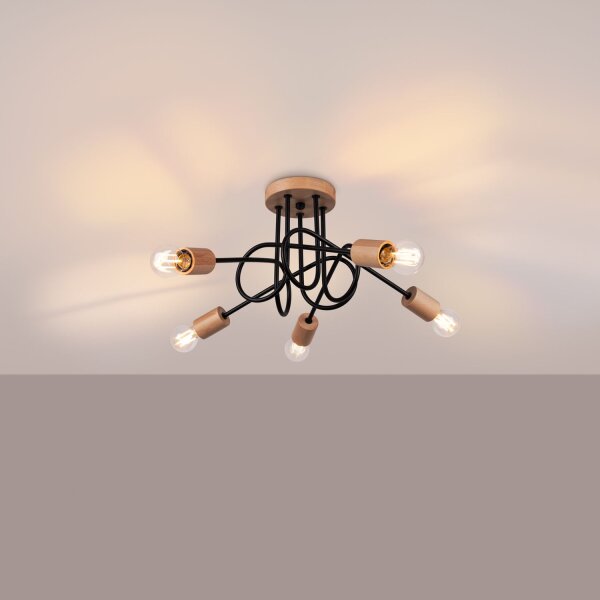 Deckenleuchte Holz Stahl Schwarz E27 L:61 cm 5-flammig