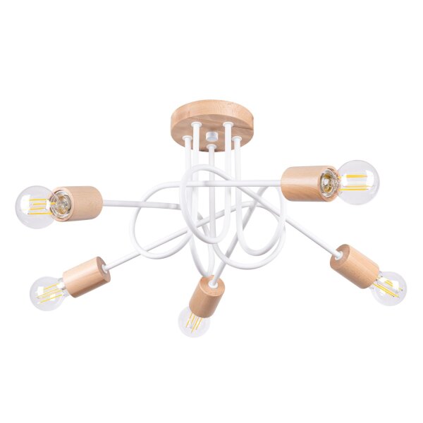 Deckenlampe Holz Stahl Weiß E27 L:61 cm 5-flammig