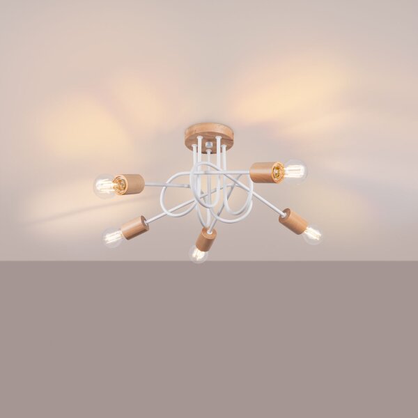 Deckenlampe Holz Stahl Weiß E27 L:61 cm 5-flammig