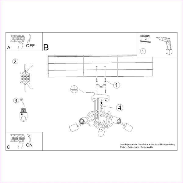 Deckenlampe Holz Stahl Weiß E27 L:61 cm 5-flammig