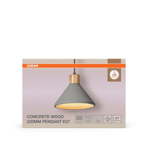 Hängelampe Beton Holz Modern E27 L:22 cm rund OSRAM