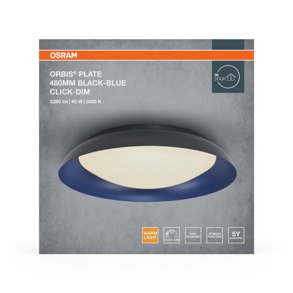 LED Deckenleuchte Click-DIM Schwarz Blau 3000K Ø48cm